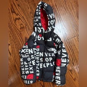 The North Face Black Jacket with Red and White Text